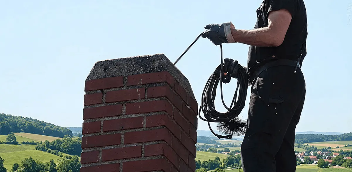 Chimney sweep inspecting and cleaning a rooftop chimney in Raleigh, NC