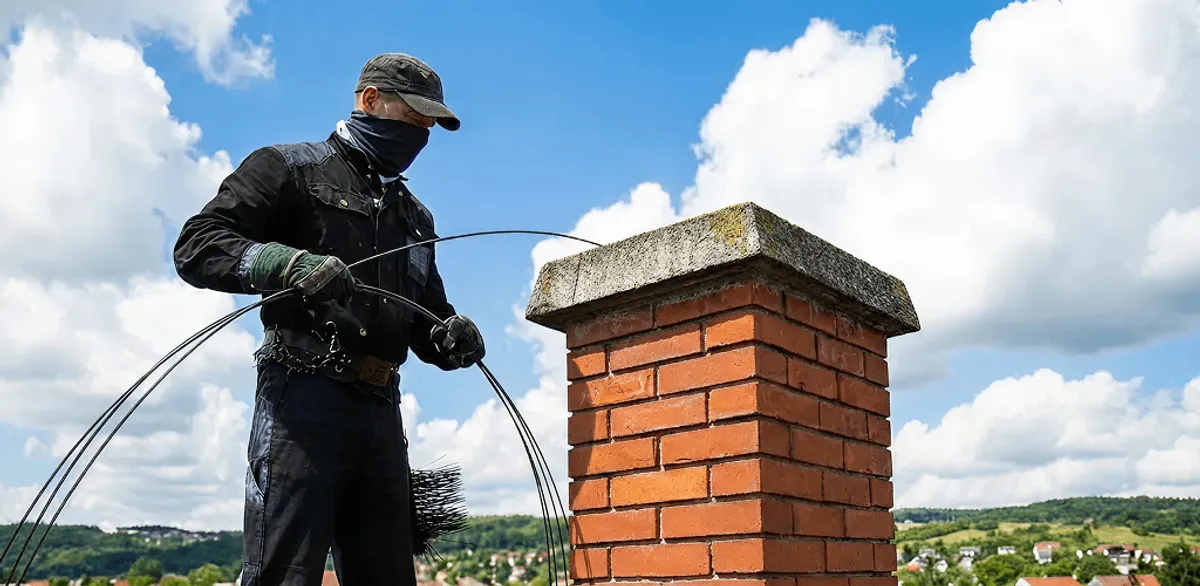 Chimney sweep cleaning a brick chimney with professional tools in Raleigh, NC